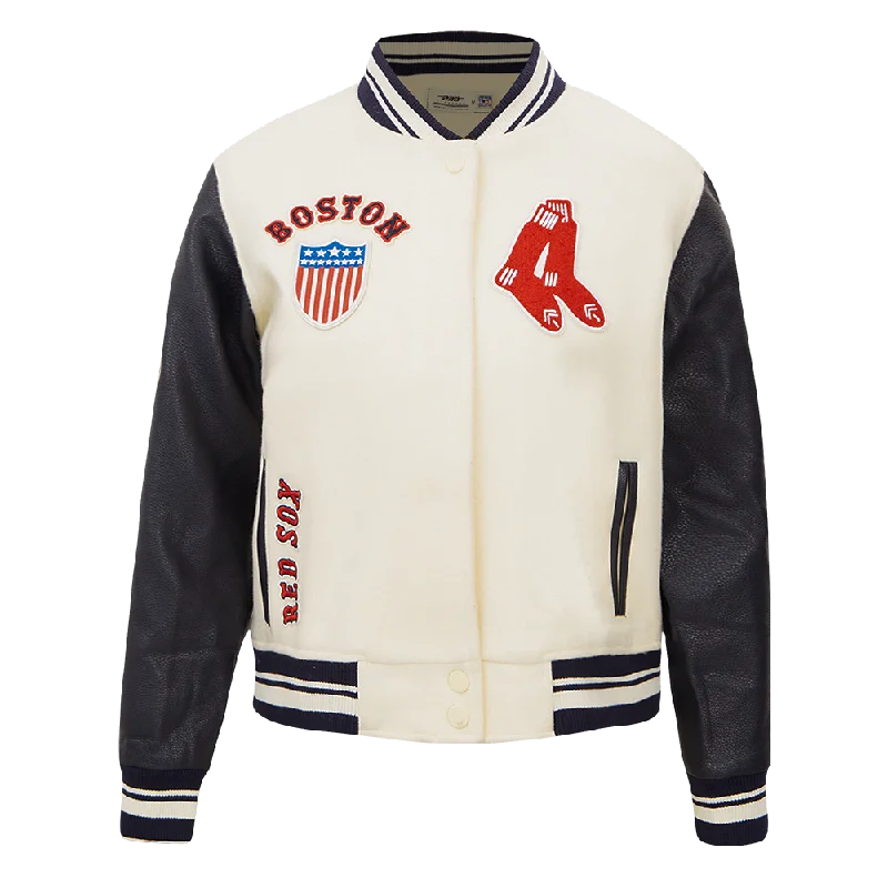 women's casual denim jacket -MLB BOSTON RED SOX RETRO CLASSIC WOMEN'S RIB WOOL VARSITY JACKET (EGGSHELL/ MIDNIGHT NAVY)