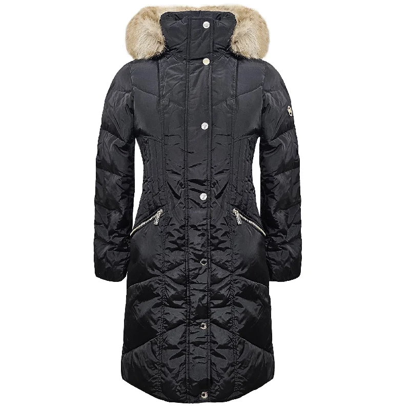 women's hooded winter jacket -Michael Michael Kors Women's Black Chevron Down 3/4 Warm Puffer Winter Coat with Removable Hood