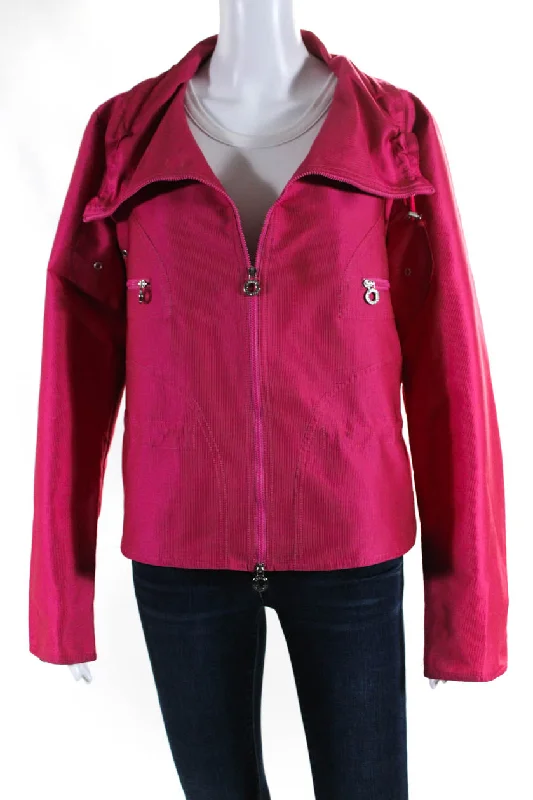 ladies' faux suede jacket -Armani Collezioni Women's Full Zip Cropped Pinstripe Jacket Pink