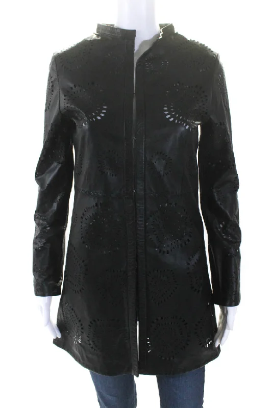 ladies' cashmere overcoat -In Transit Womens Laser Cut Long Hook & Eye Leather Jacket Black