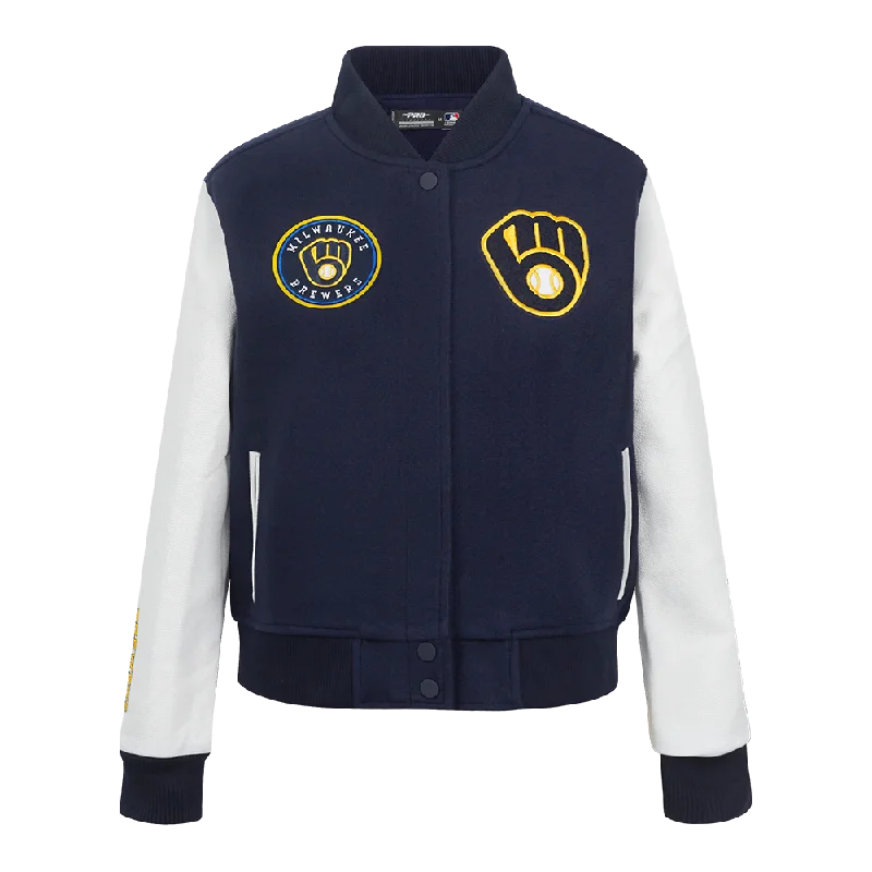 cropped wool blazer for women -MLB MILWAUKEE BREWERS CLASSIC WOMEN'S WOOL VARSITY JACKET (MIDNIGHT NAVY/WHITE)