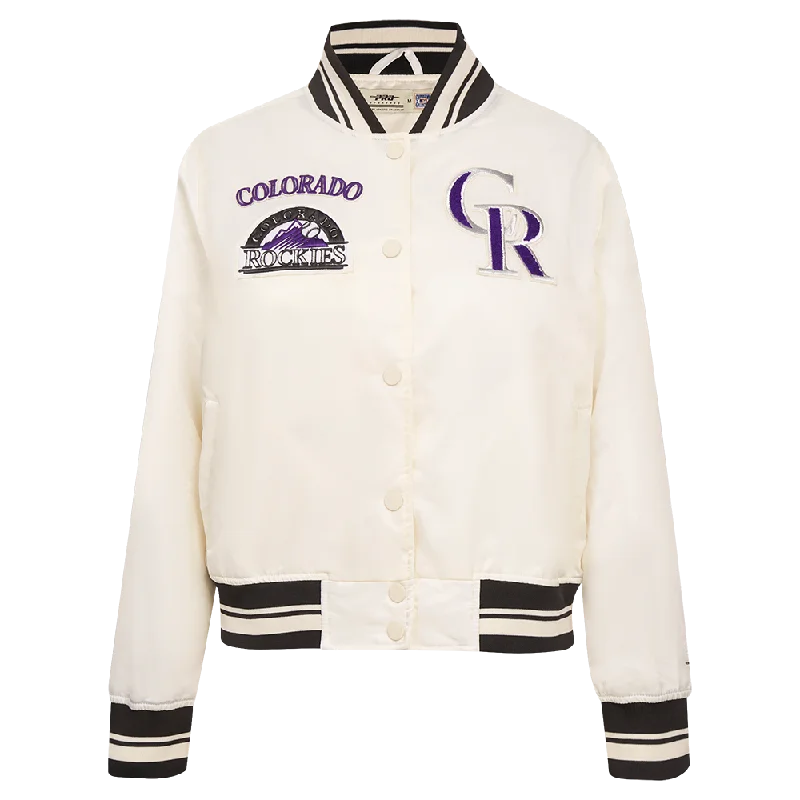 urban streetwear jacket for women -MLB COLORADO ROCKIES RETRO CLASSIC WOMEN'S RIB SATIN JACKET (EGGSHELL/ BLACK)