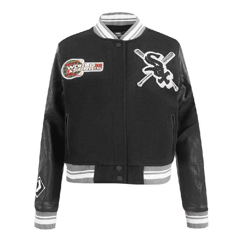 fashionable metallic puffer jacket for women -MLB CHICAGO WHITE SOX MASHUP WOMEN'S RIB WOOL VARSITY JACKET (BLACK/GRAY)