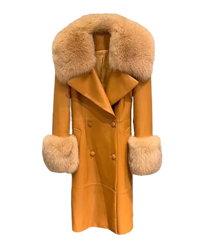 ladies' faux suede jacket -Genuine Sheepskin Leather Fox Fur Trimmed Coat In Hazel