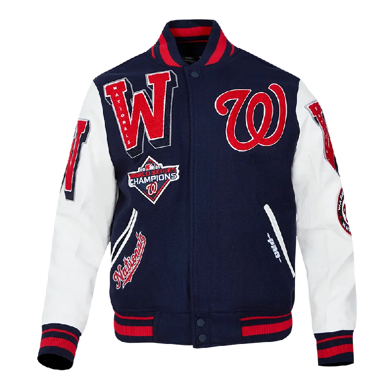 ladies' wool overcoat -MLB WASHINGTON NATIONALS MASH UP LOGO VARSITY JACKET (MIDNIGHT NAVY/WHITE)