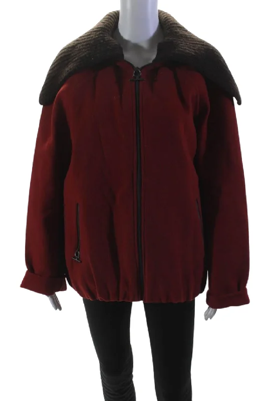 sleek minimalist coat for women -Salvatore Ferragamo Womens Full Zipper Wide Collar Jacket Red Wool