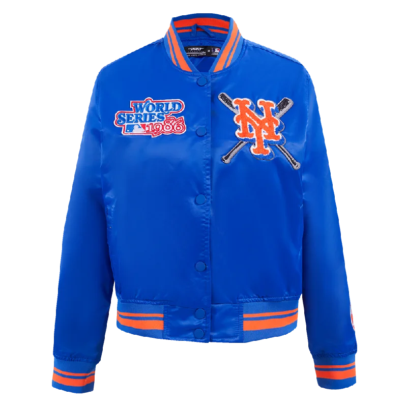 warm alpaca wool coat for ladies -MLB NEW YORK METS MASHUP WOMEN'S RIB SATIN JACKET (ROYAL/ORANGE/ROYAL)