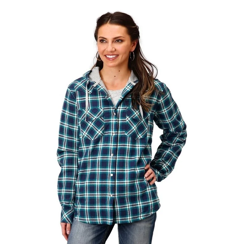 women's casual denim jacket -Roper Western Jacket Womens Shirt Jac Plaid Snap 03-098-0119-4695 BU