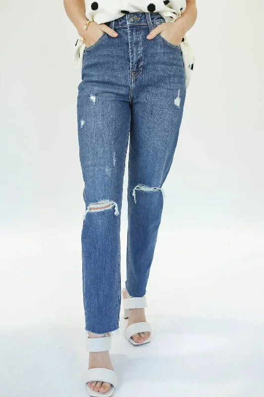 ladies' ripped boyfriend-style jeans -Deana High Waisted Jeans In Medium Wash Denim