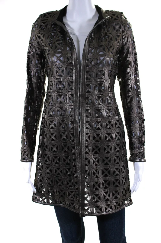 warm shearling coat for women -In Transit Womens Laser Cut Metallic Mesh Leather Jacket Brown Black