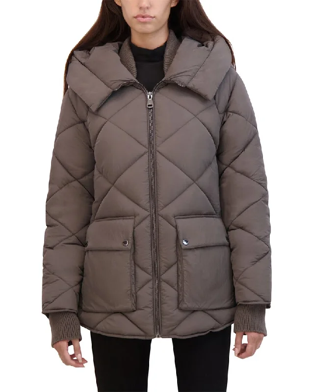 fashionable belted wool coat for women -Kenneth Cole Diamond Quilted Crinkle Puffer Coat