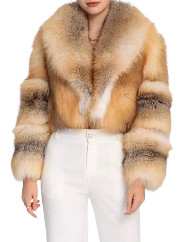 women's faux fur-lined parka -Fox Fur Cropped Turn Down Collar Coat