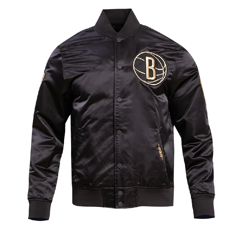 classic women's wool coat -BROOKLYN NETS GOLD LOGO SATIN JACKET (BLACK)