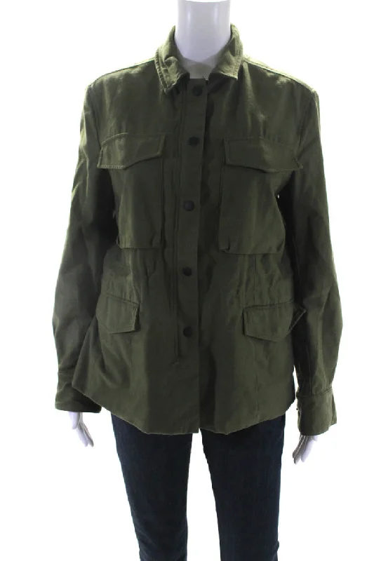 long elegant trench coat for women -Rag & Bone Jean Womens Collared Drawstring Waist Zippered Jacket Green