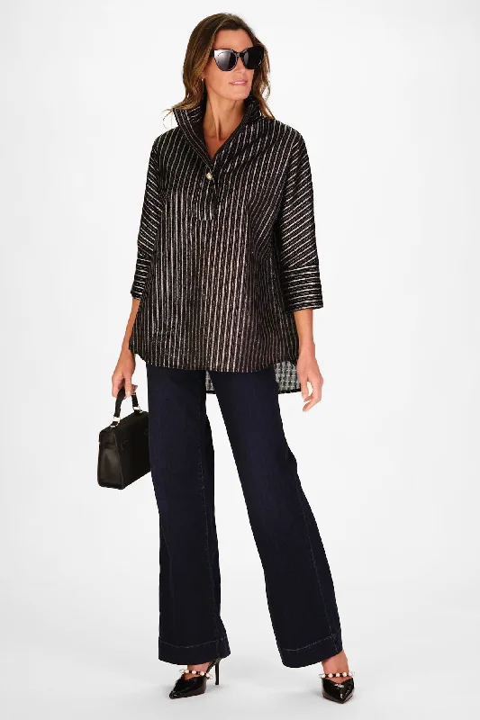 ladies' cowl neck blouse -Joanna Popover in Black Clipped Metallic Silver Stripe