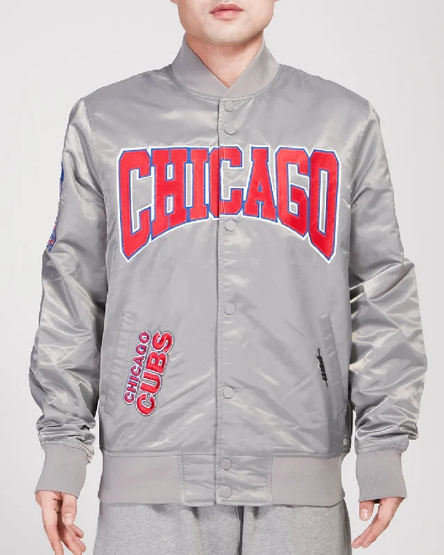 professional work blazer for women -MLB CHICAGO CUBS CREST EMBLEM SATIN JACKET (GRAY)