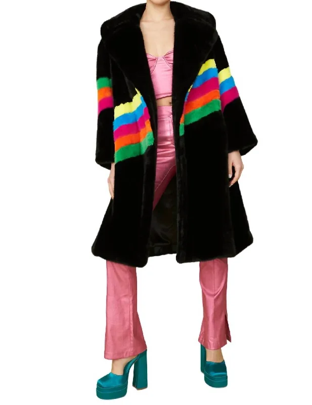 casual zip-up hoodie jacket for women -Sauki Rainbow Faux Fur Coat In Black