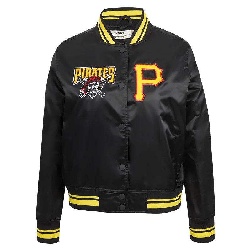 fashionable metallic puffer jacket for women -MLB PITTSBURGH PIRATES RETRO CLASSIC WOMEN'S RIB SATIN JACKET (BLACK/YELLOW)