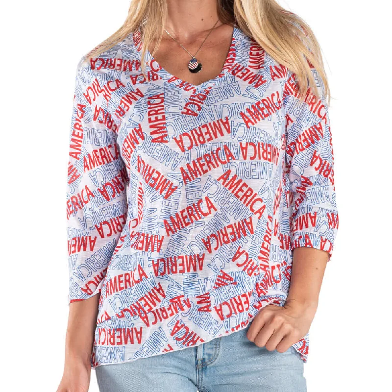 ladies' floral print top -Women's America 3/4 Sleeve Criss Cross Top