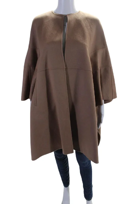 ladies' puffer jacket -Valentino Womens Wool Open Front Cape Poncho Brown