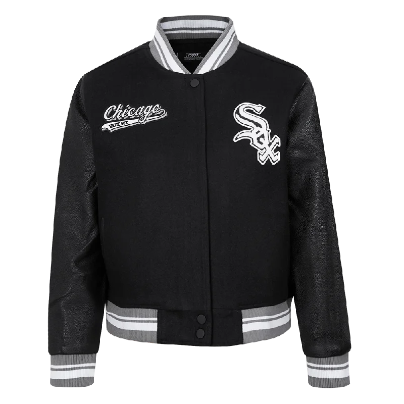 sporty track jacket for women -MLB CHICAGO WHITE SOX SCRIPT TAIL WOMEN'S WOOL VARSITY JACKET (BLACK/GRAY)