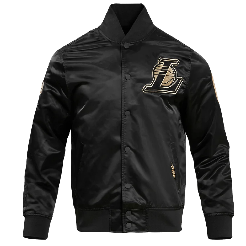 classic camel coat for ladies -LOS ANGELES LAKERS GOLD LOGO SATIN JACKET (BLACK)