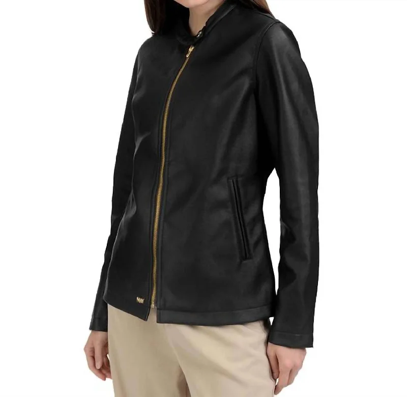 waterproof hiking jacket for women -Café Faux-Leather Racer Jacket In Black