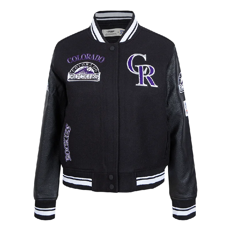 soft touch sherpa coat for women -MLB COLORADO ROCKIES RETRO CLASSIC WOMEN'S RIB WOOL VARSITY JACKET (BLACK)