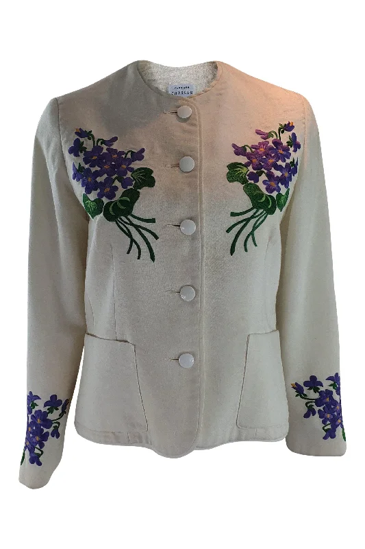 women's reversible coat -CAROLINE CHARLES Linen Floral Embroidered Patch Pocket Jacket (M)