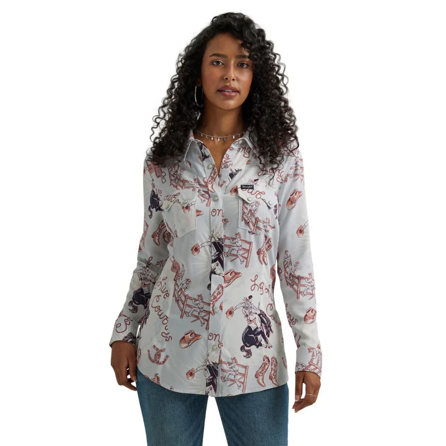 women's business casual blouse -Wrangler Retro® Punchy Snap Top - Womens -Blue/Red Bronc