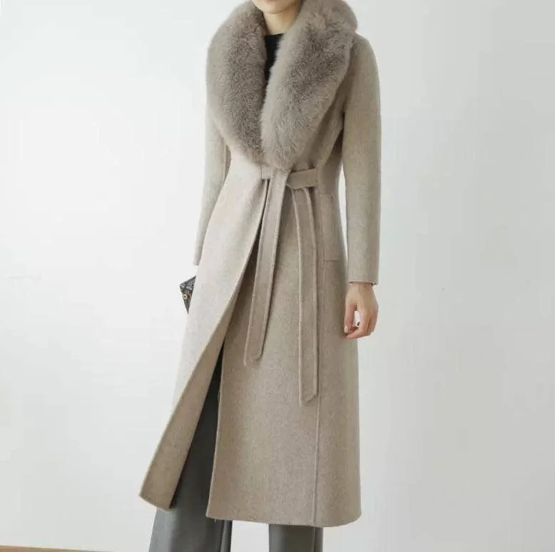 ladies' lightweight anorak coat -Long Wool Cashmere Coat With Removable Fox Fur Trims