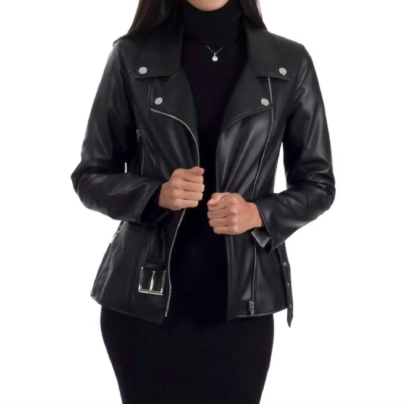 chic oversized blazer for women -Faux Leather With Belt Biker Jacket In Black