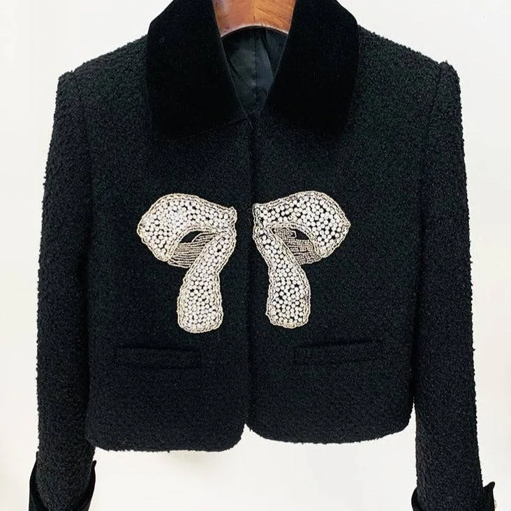 women's relaxed boyfriend blazer -Carlita Velvet Lapel Long Sleeve Diamond Bow Coat