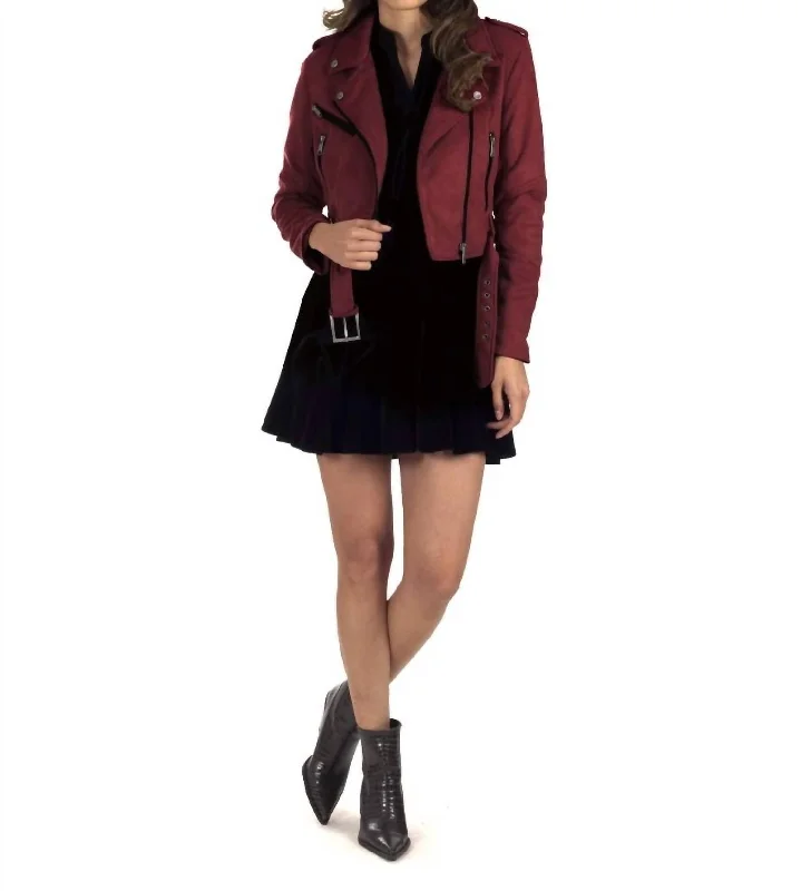 women's elegant cape coat -Faux-Suede Biker Jacket In Red