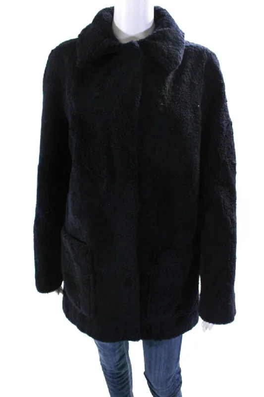 ladies' fur-lined jacket -Pologeorgis Womens Long Sheep Fur Hook & Eye Coat Navy Blue