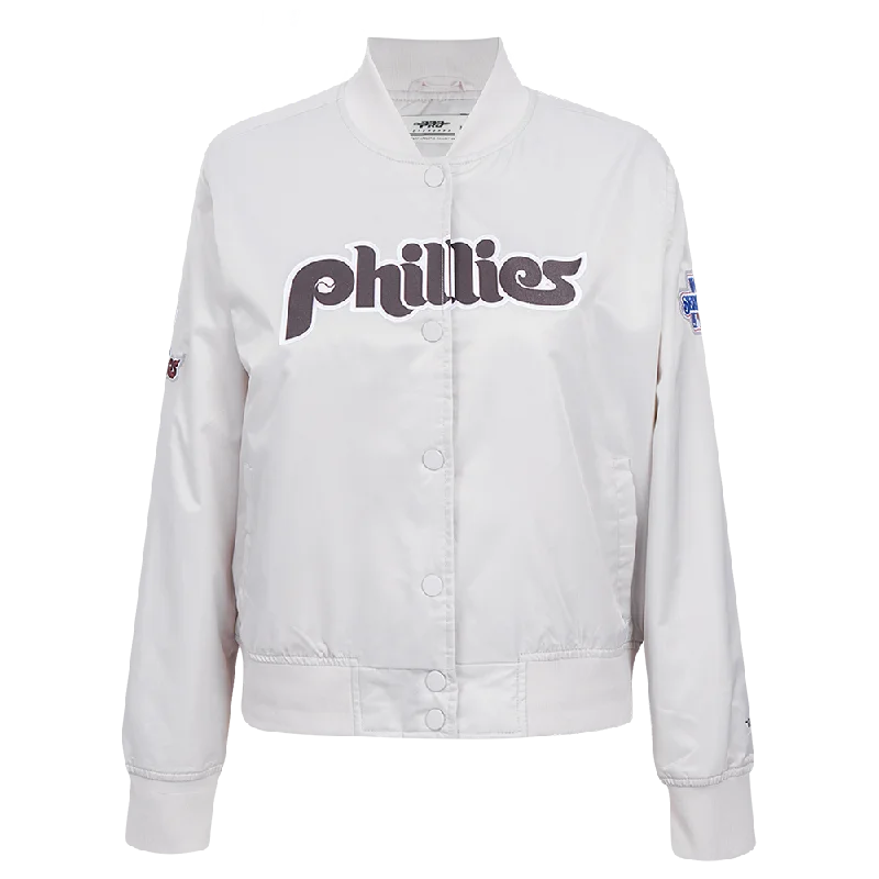 cropped faux leather jacket for women -MLB PHILADELPHIA PHILLIES RETRO CLASSIC WOMEN'S SATIN JACKET (SILVER)