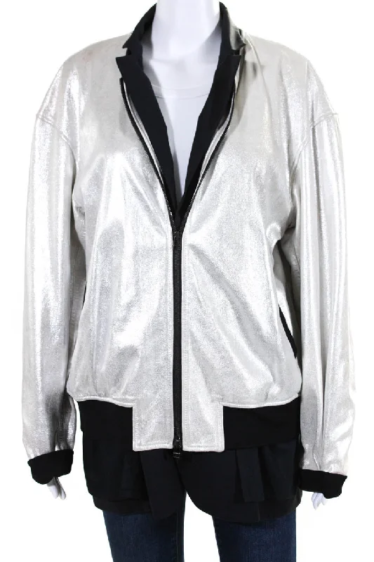 ladies' designer overcoat -3.1 Philip Lim Silver Leather Bomber Jacket