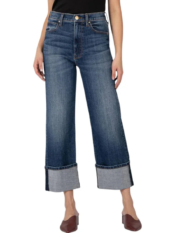 women's blue denim bell-bottoms -Sienna High Rise Roll Up Jeans In Blue