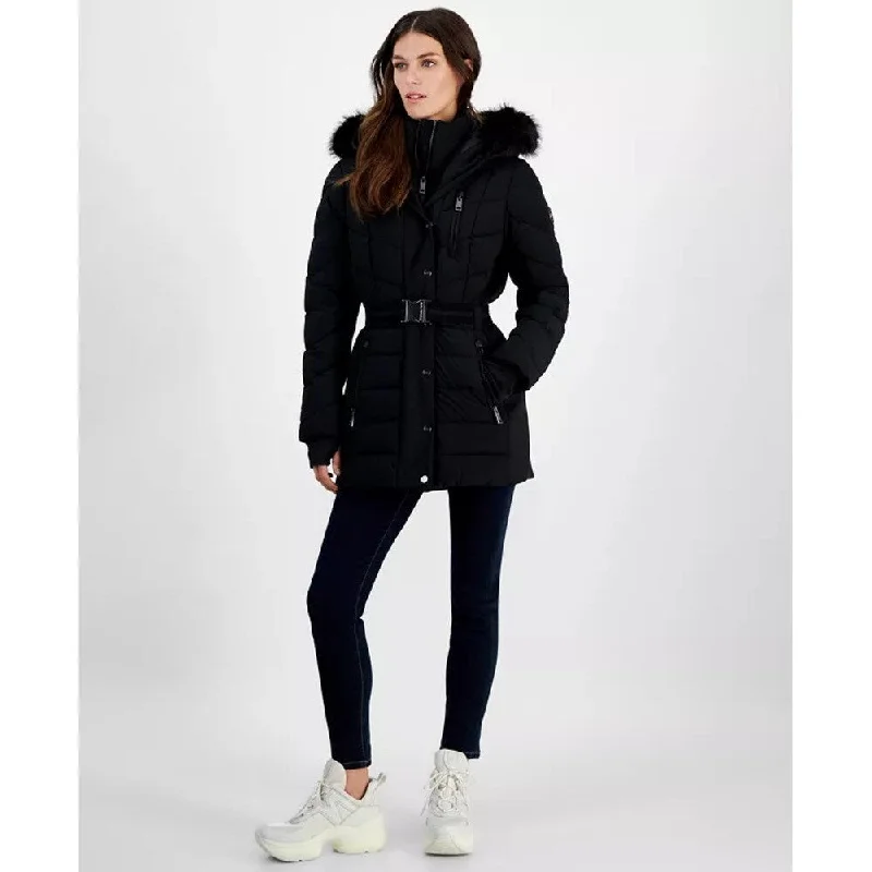 women's sherpa-lined jacket -Michael Michael Kors Women's Black Belted Chevron Scutab Stretch Quilted Coat Jacket with Faux Fur 3/4 Length 509