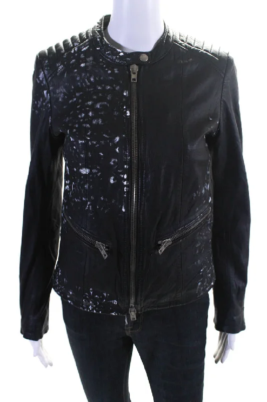 warm padded coat for women -S.W.O.R.D Womens Front Zip Paint Splatter Leather Jacket Black White