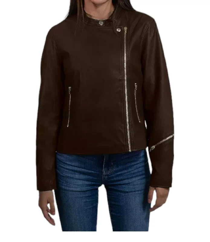 ladies' faux suede jacket -Synthetic Leather Biker Jacket In Brown