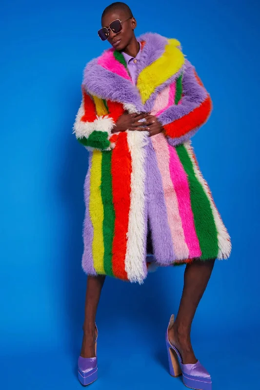 winter-ready women's parka -Rainbow Faux Fur Hand Crafted Eco Bamboo Maxi Coat