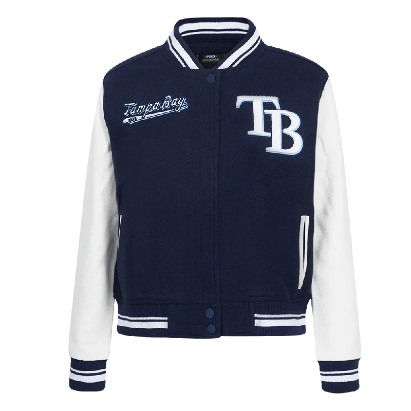 stylish leather jacket for women -MLB TAMPA BAY RAYS SCRIPT TAIL WOMEN'S WOOL VARSITY JACKET (MIDNIGHT NAVY/WHITE)