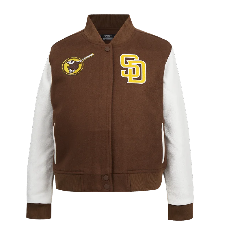 women's biker-style leather jacket -MLB SAN DIEGO PADRES CLASSIC WOMEN'S WOOL VARSITY JACKET (BROWN/WHITE)