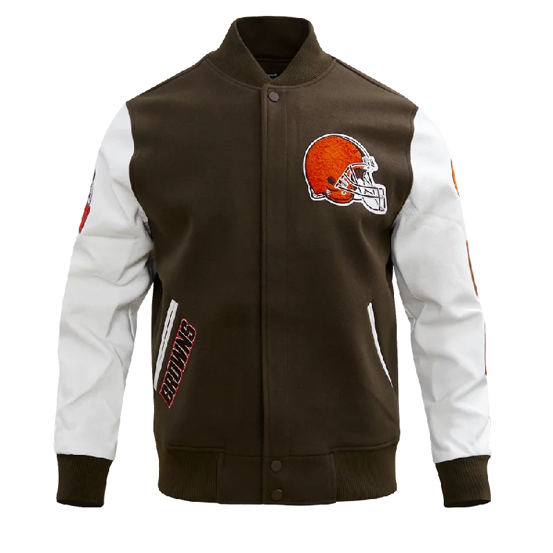 warm shearling coat for women -NFL CLEVELAND BROWNS CLASSIC WOOL VARSITY JACKET (BROWN/WHITE)