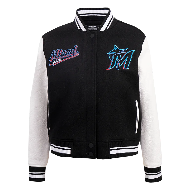 casual zip-up hoodie jacket for women -MLB MIAMI MARLINS SCRIPT TAIL WOMEN'S WOOL VARSITY JACKET (BLACK/WHITE)