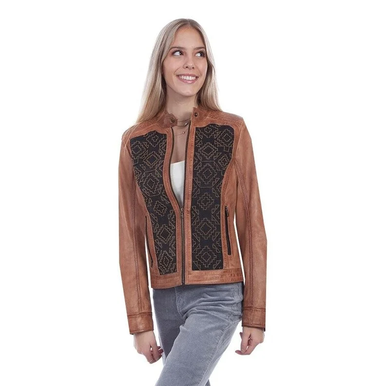 women's fur-trimmed parka -Scully Western Jacket Womens Beaded Panel Leather Zip Front F0_L1067