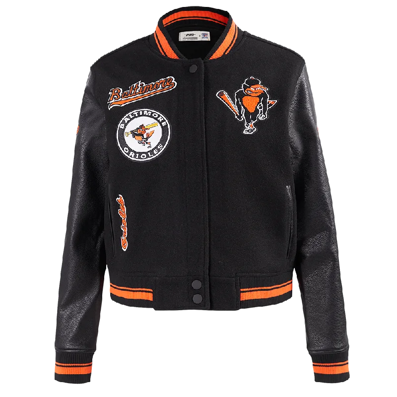 ladies' quilted coat -MLB BALTIMORE ORIOLES RETRO CLASSIC WOMEN'S RIB WOOL VARSITY JACKET (BLACK/ORANGE)