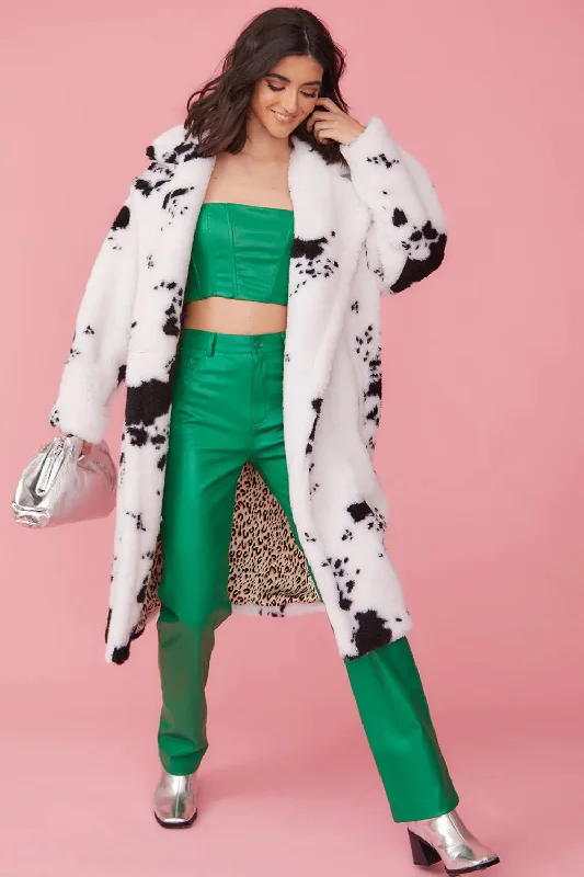 ladies' lightweight anorak coat -Cow Print Faux Fur Maxi Coat