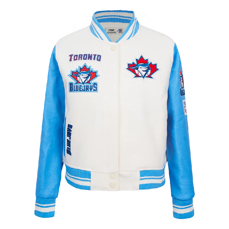 women's relaxed fit blazer -MLB TORONTO BLUE JAYS RETRO CLASSIC WOMEN'S RIB WOOL VARSITY JACKET (EGGSHELL/ UNIVERSITY BLUE)